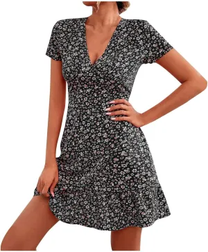 Beach Dresses for Women,2024 Summer Trendy Elegant Wrap V Neck Floral Boho Dress,Flowy Ruched Hawaiian Maxi Dress