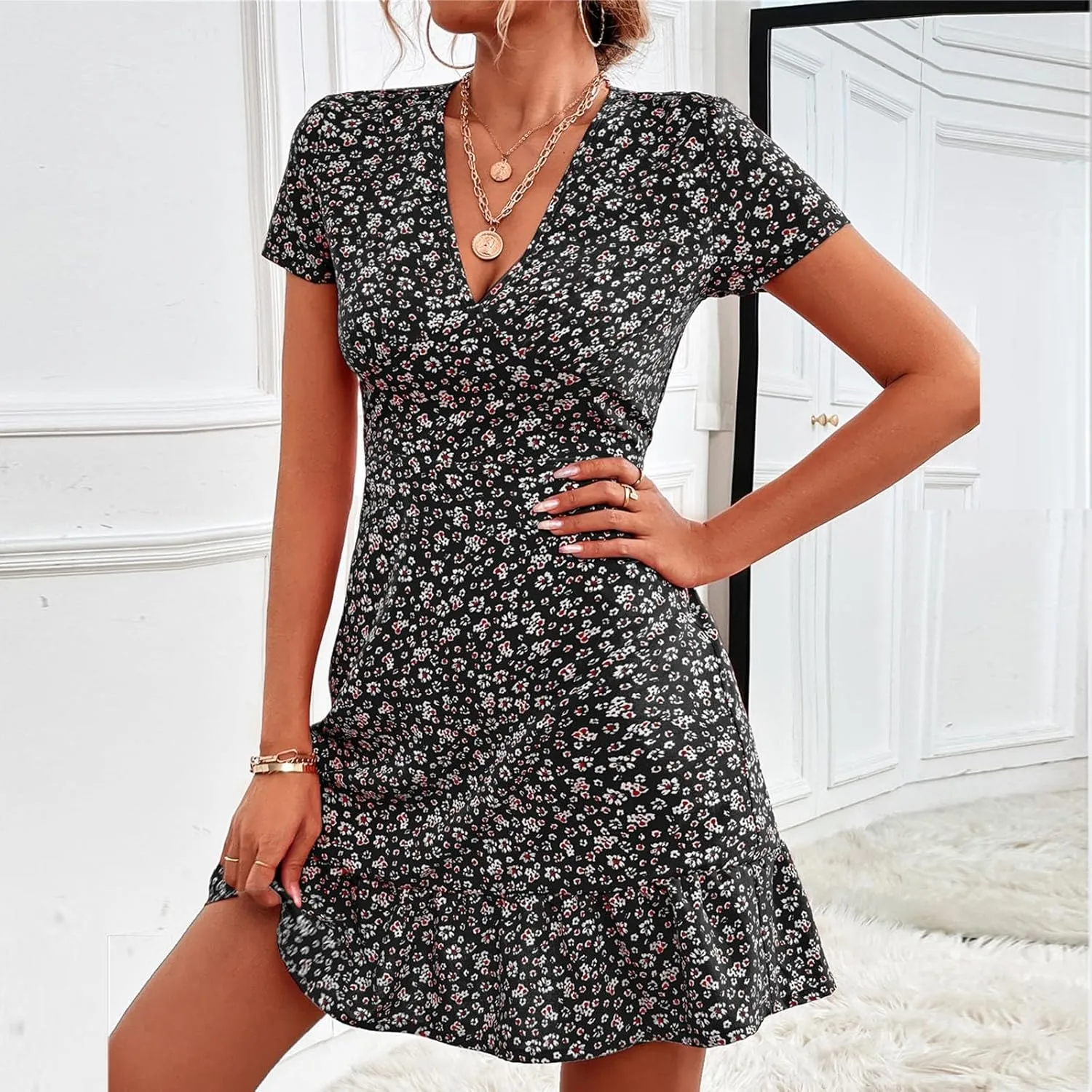 Beach Dresses for Women,2024 Summer Trendy Elegant Wrap V Neck Floral Boho Dress,Flowy Ruched Hawaiian Maxi Dress