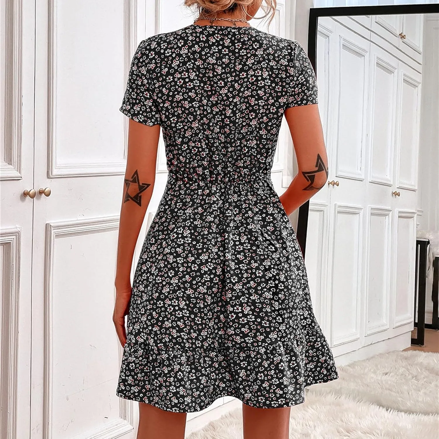 Beach Dresses for Women,2024 Summer Trendy Elegant Wrap V Neck Floral Boho Dress,Flowy Ruched Hawaiian Maxi Dress