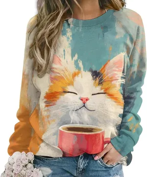 Bengbobar Tops for Women Casual Fall Plus Long Sleeve Crewneck Shirts Cute Cat Graphic Hoodies Trendy Womens Sweatshirt