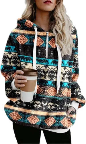 Bengbobar Women Western Sherpa Pullover Quarter Zip Long Sleeve Fluffy Aztec Fleece Jacket Sweatshirts Hoodies Coat Sweaters