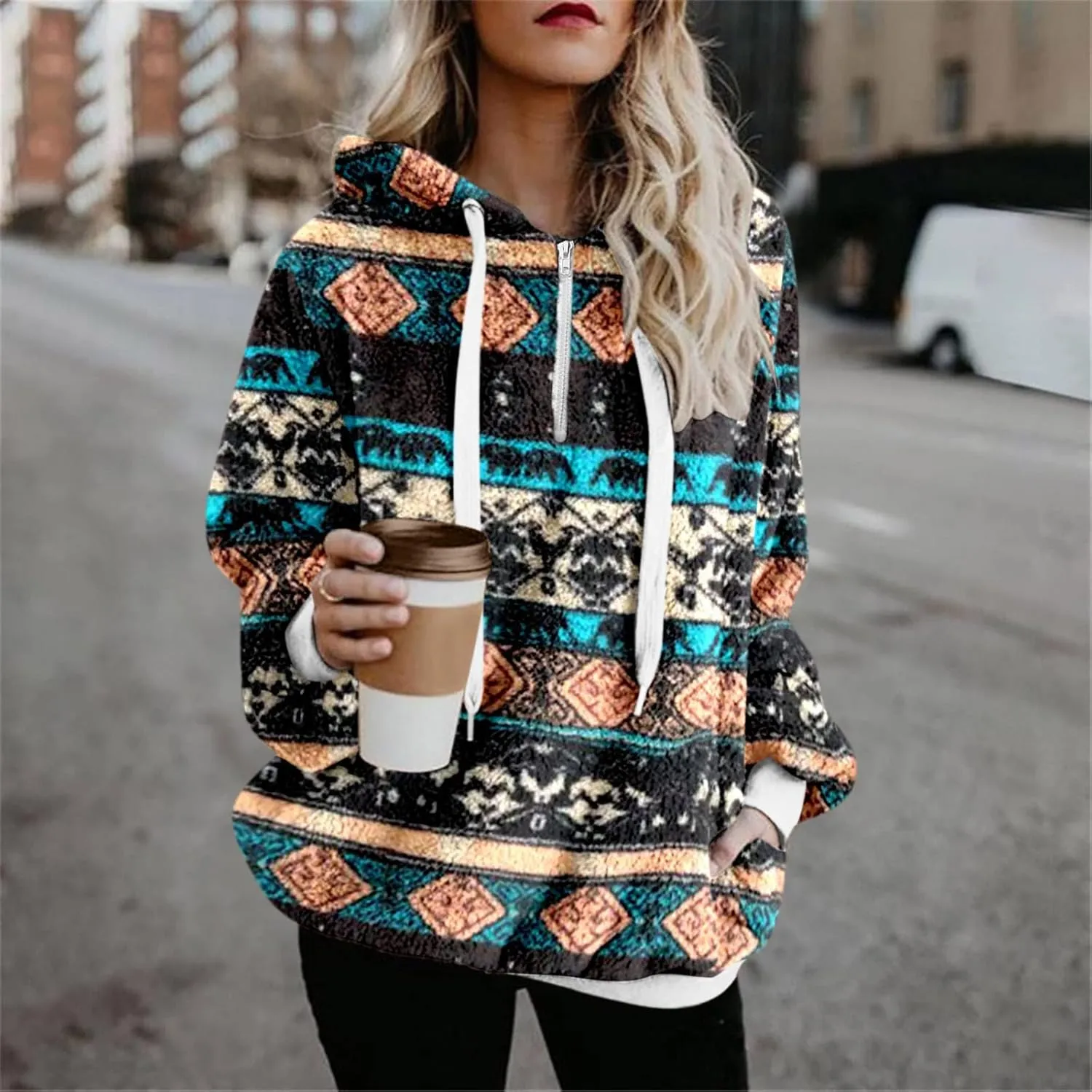 Bengbobar Women Western Sherpa Pullover Quarter Zip Long Sleeve Fluffy Aztec Fleece Jacket Sweatshirts Hoodies Coat Sweaters