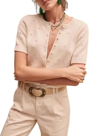 Bianstore Women's Casual Short Sleeve Crewneck Button Down Cardigan Sweater Crochet Knit Top