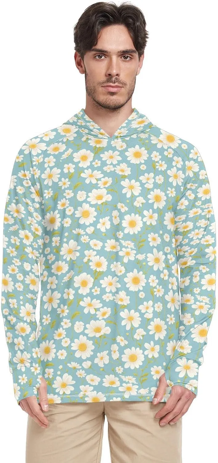 Blue White Daisy Mens Hoodie Sun Protection Long Sleeve Mens Sun Shirts UPF 50  Quick-Dry UV Rashguard For Men Active Wear camisas con gorro para trabajo