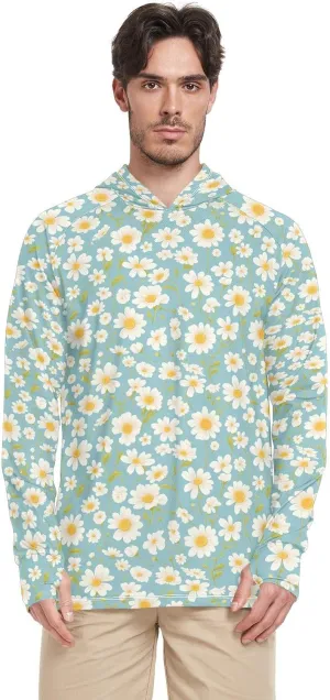 Blue White Daisy Mens Hoodie Sun Protection Long Sleeve Mens Sun Shirts UPF 50  Quick-Dry UV Rashguard For Men Active Wear camisas con gorro para trabajo