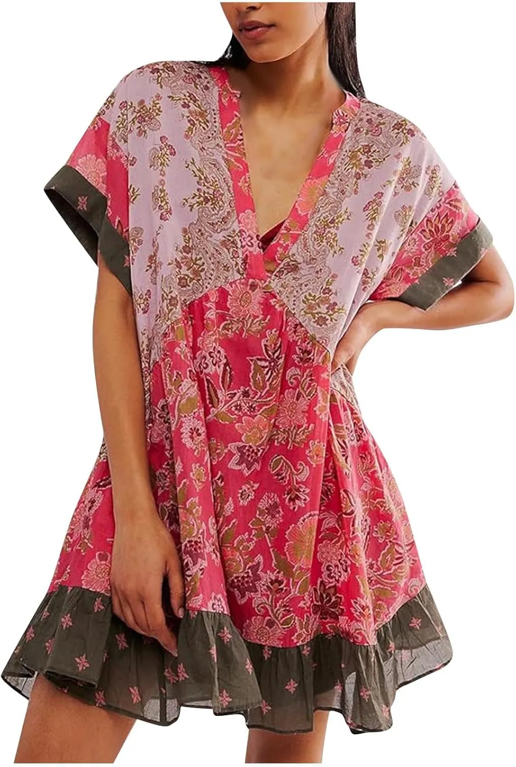 Boho Dresses for Women 2024 V Neck Floral Print Short Sleeve Mini Dress Babydoll Sundress Summer Beach Flowy Dress