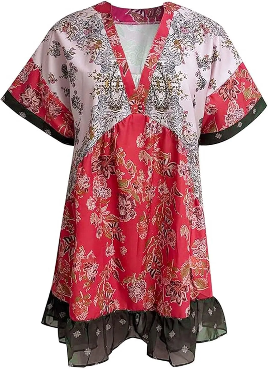 Boho Dresses for Women 2024 V Neck Floral Print Short Sleeve Mini Dress Babydoll Sundress Summer Beach Flowy Dress