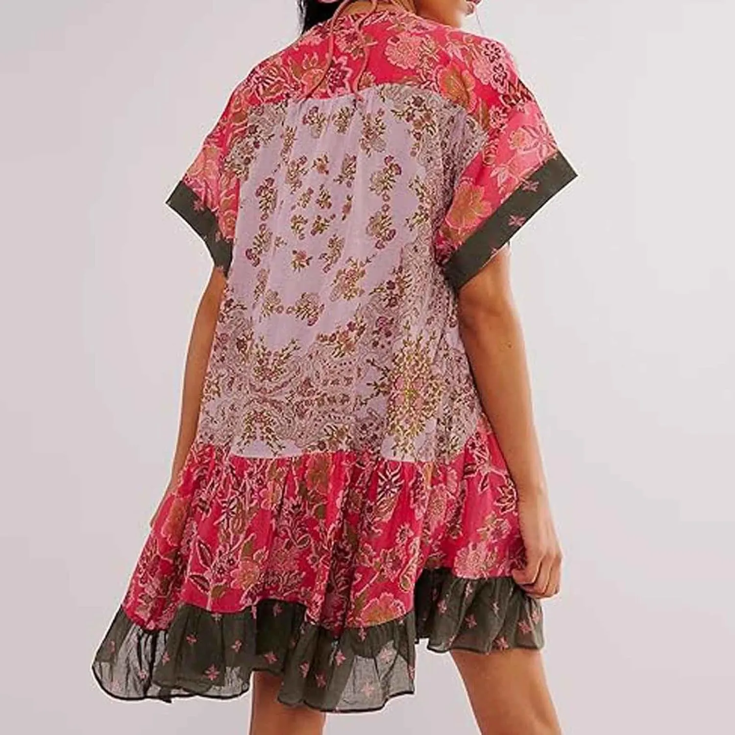 Boho Dresses for Women 2024 V Neck Floral Print Short Sleeve Mini Dress Babydoll Sundress Summer Beach Flowy Dress