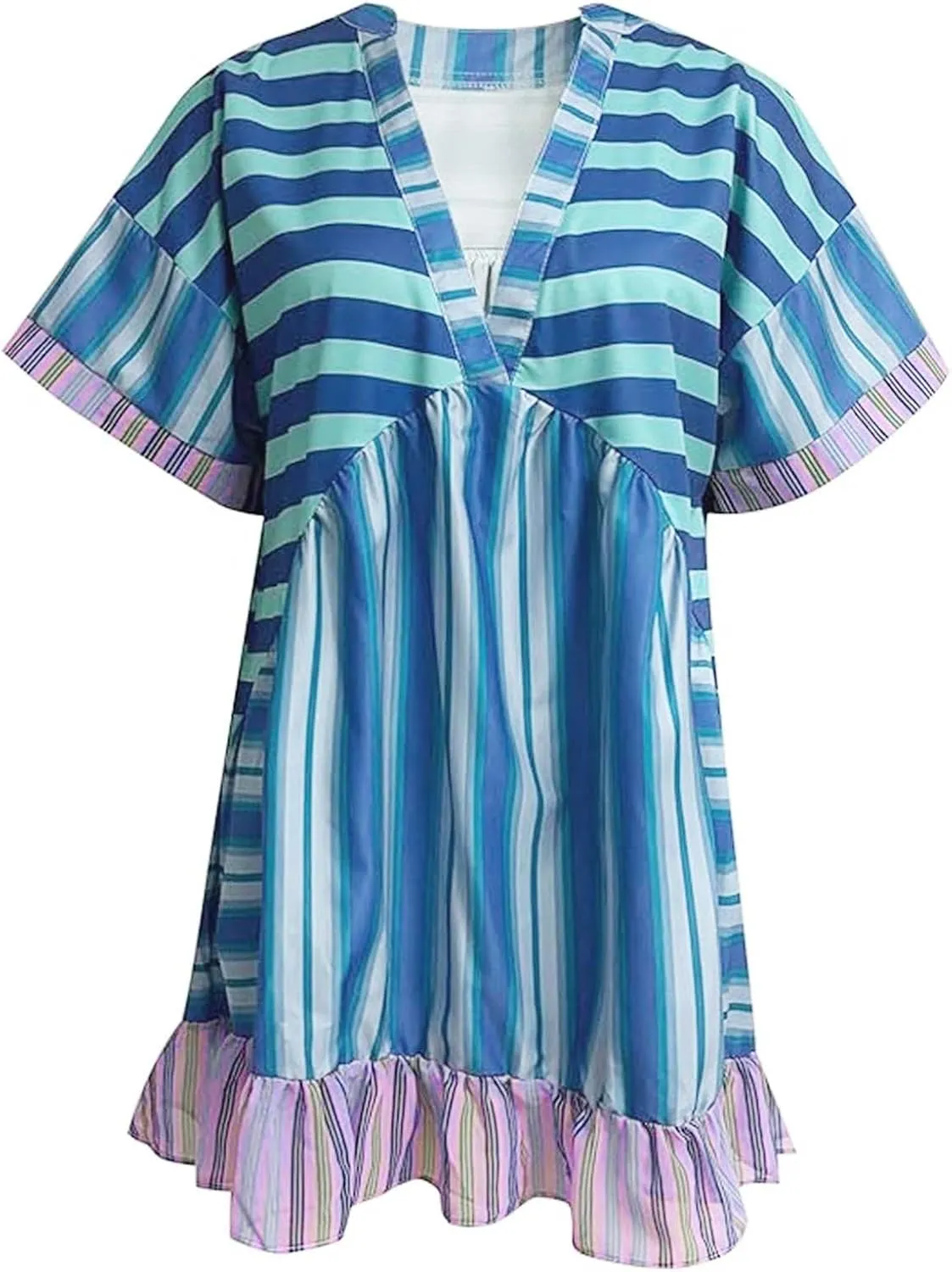 Boho Dresses for Women 2024 V Neck Floral Print Short Sleeve Mini Dress Babydoll Sundress Summer Beach Flowy Dress
