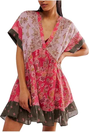 Boho Dresses for Women 2024 V Neck Floral Print Short Sleeve Mini Dress Babydoll Sundress Summer Beach Flowy Dress
