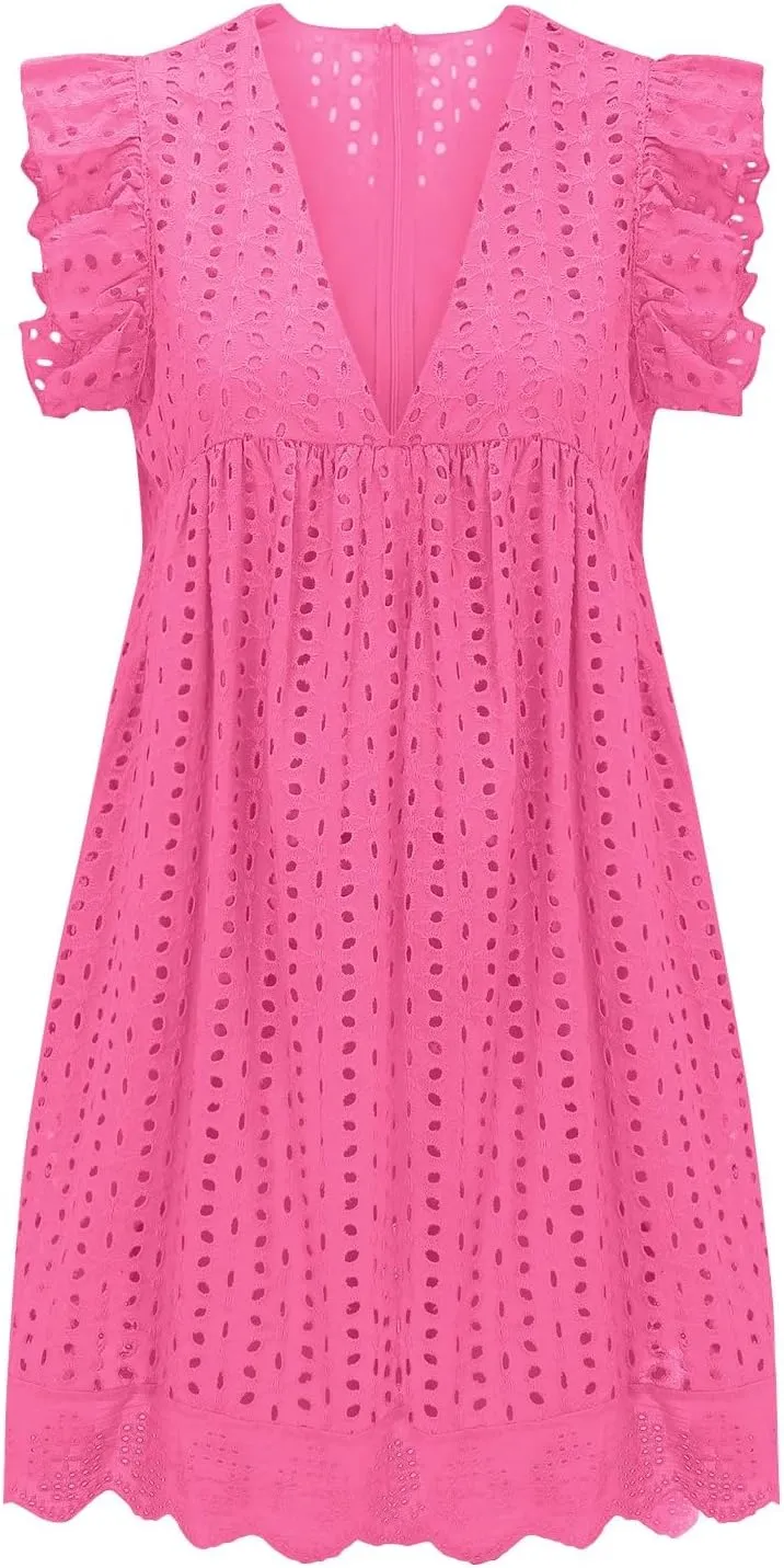 Boho Dresses for Women 2024 V Neck Sleeveless Sun Dress Hollow Out Ruffle Hem Mini Dress Vacation Summer Dresses