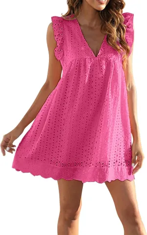 Boho Dresses for Women 2024 V Neck Sleeveless Sun Dress Hollow Out Ruffle Hem Mini Dress Vacation Summer Dresses