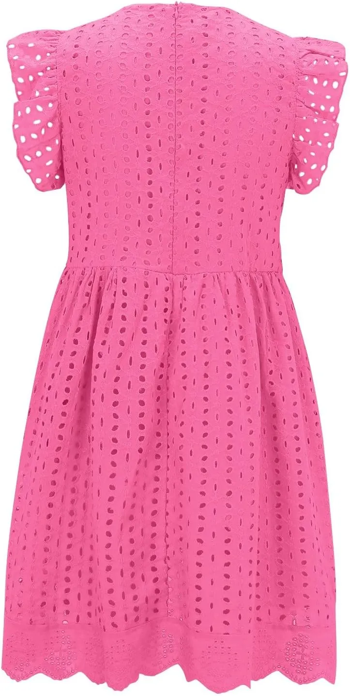 Boho Dresses for Women 2024 V Neck Sleeveless Sun Dress Hollow Out Ruffle Hem Mini Dress Vacation Summer Dresses