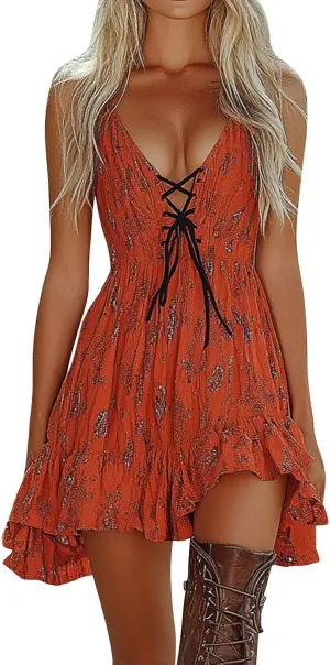 Boho Dresses for Women Floral Print Sexy Vintage Sleeveless V Neck Ruffle Hem Mini Dress Summer Casual Sundresses