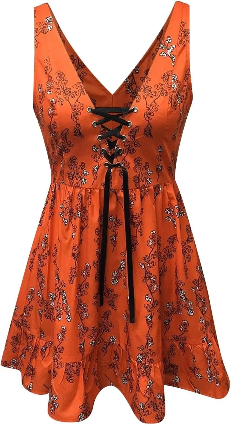 Boho Dresses for Women Floral Print Sexy Vintage Sleeveless V Neck Ruffle Hem Mini Dress Summer Casual Sundresses
