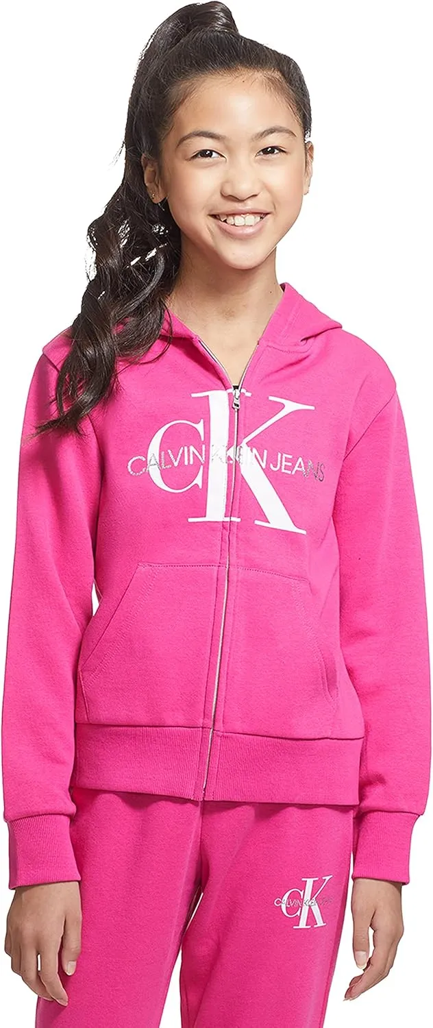 Calvin Klein Girls' Full-Zip Fleece Hoodie Sweatshirt with Front Pockets