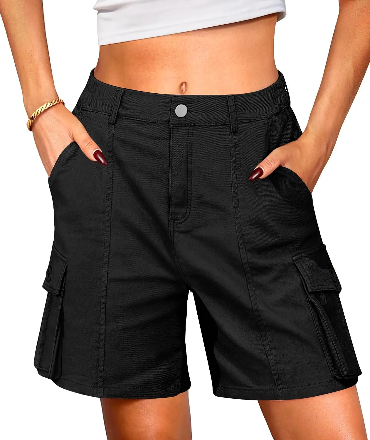 Cargo Shorts Women Bermuda Knee Length Long Hiking Shorts with Pockets Elastic Waist for Summer Casual Trendy Outfits