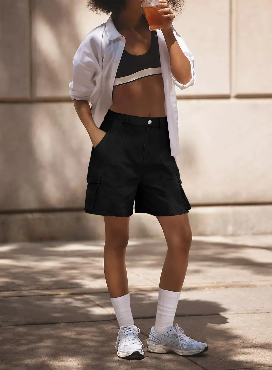 Cargo Shorts Women Bermuda Knee Length Long Hiking Shorts with Pockets Elastic Waist for Summer Casual Trendy Outfits