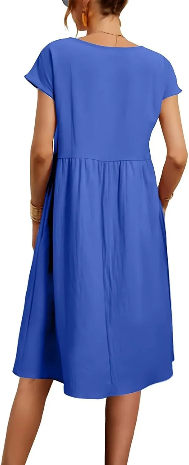 Casual Linen Dresses for Women Crewneck Summer Midi Dress with Pockets Solid Plus Size Short Sleeve T Shirt Dress