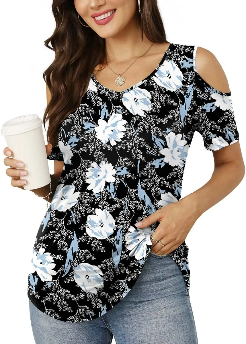 CATHY Women's V Neck Tunic Top Cold Shoulder Tshirt Short Sleeve Casual Blouse for Leggings