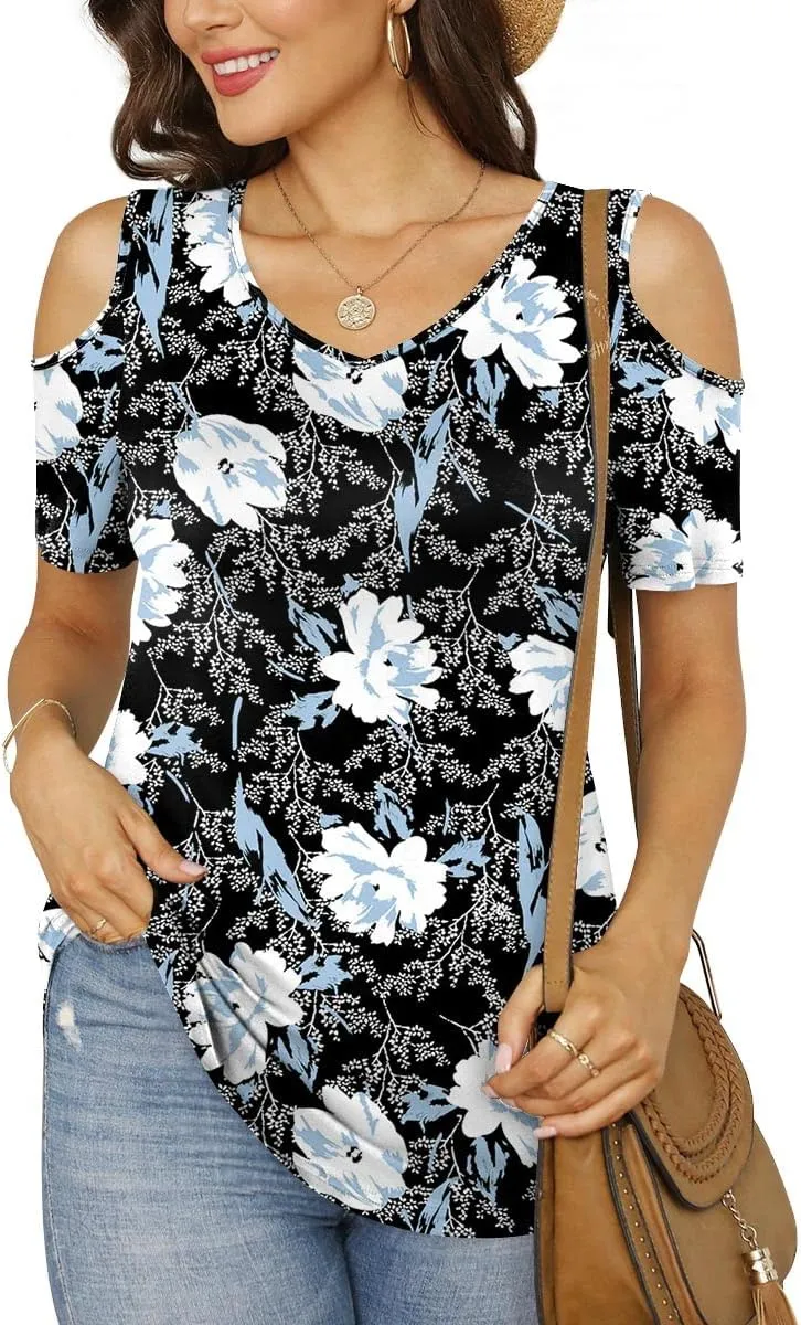 CATHY Women's V Neck Tunic Top Cold Shoulder Tshirt Short Sleeve Casual Blouse for Leggings