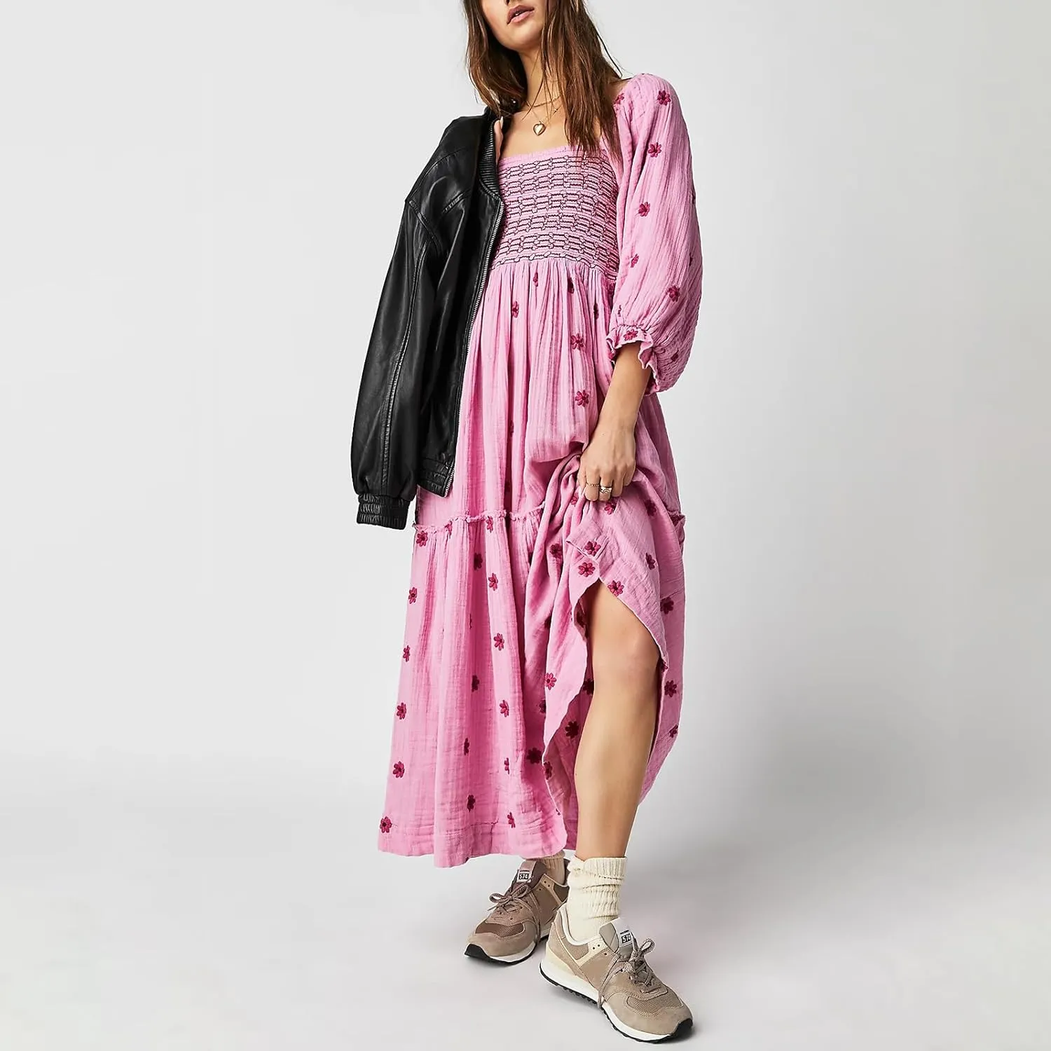 Chloefairy Fashion Women's 3D Floral Embroidered Maxi Dress Puff Sleeve Square Neck Tiered Flowy A-line Dress