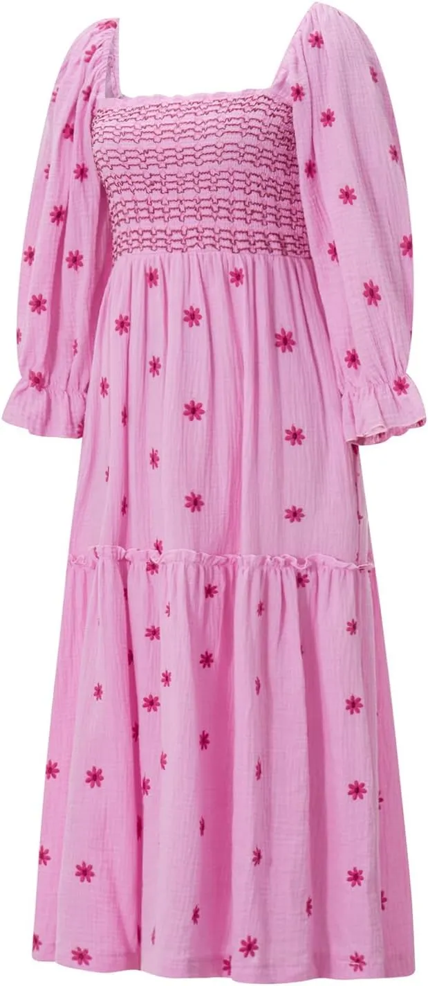 Chloefairy Fashion Women's 3D Floral Embroidered Maxi Dress Puff Sleeve Square Neck Tiered Flowy A-line Dress