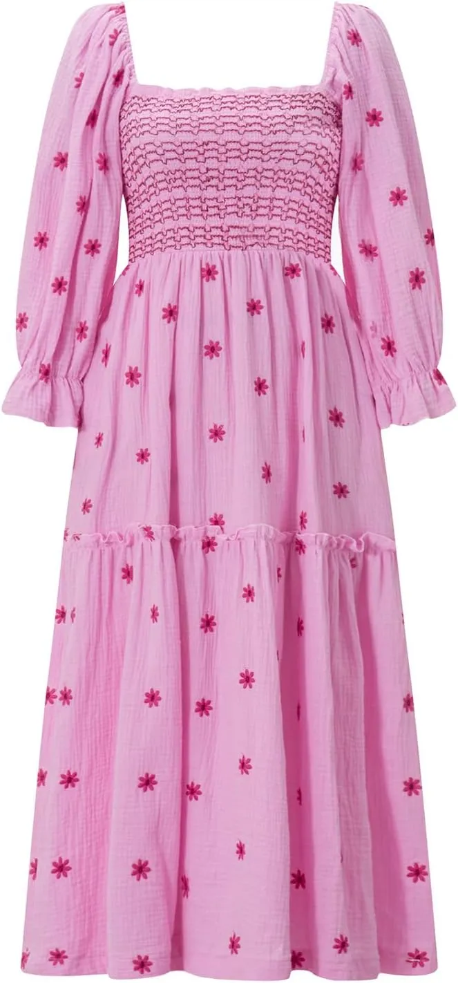 Chloefairy Fashion Women's 3D Floral Embroidered Maxi Dress Puff Sleeve Square Neck Tiered Flowy A-line Dress
