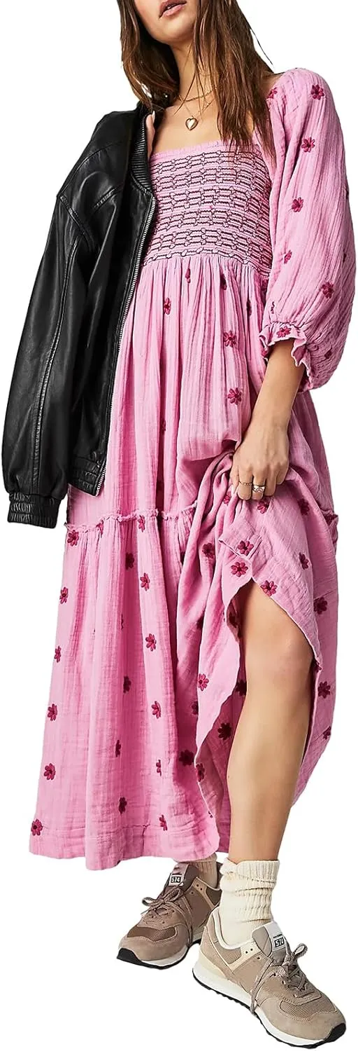 Chloefairy Fashion Women's 3D Floral Embroidered Maxi Dress Puff Sleeve Square Neck Tiered Flowy A-line Dress