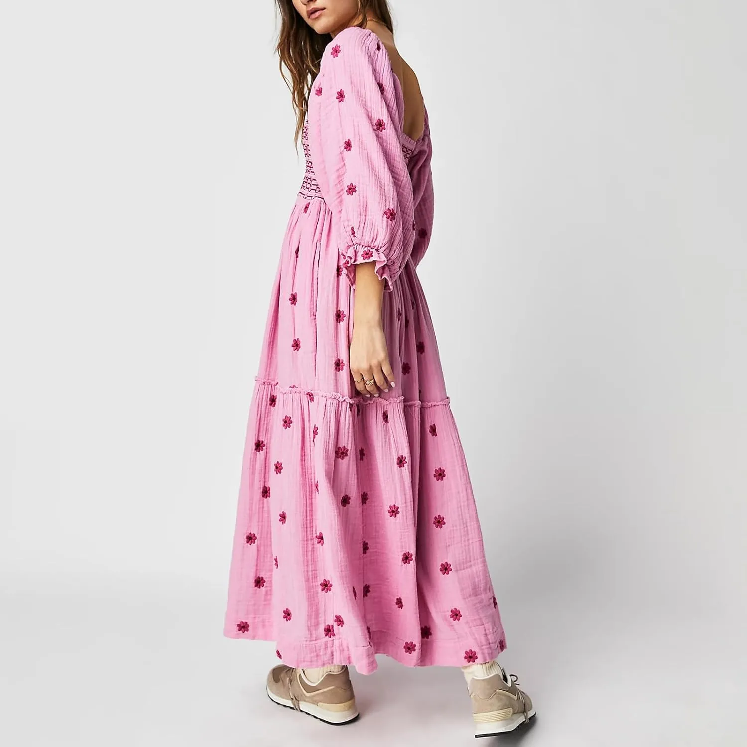 Chloefairy Fashion Women's 3D Floral Embroidered Maxi Dress Puff Sleeve Square Neck Tiered Flowy A-line Dress