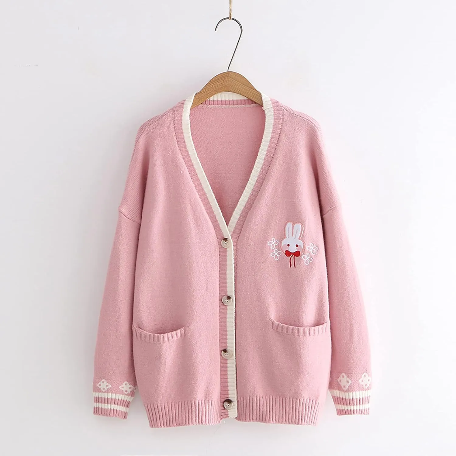 CORIRESHA Cute Rabbit Embroidered Cardigan Sweater Patchwork Button Knit Outwear with Pockets