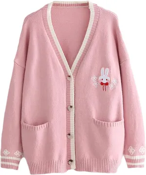 CORIRESHA Cute Rabbit Embroidered Cardigan Sweater Patchwork Button Knit Outwear with Pockets