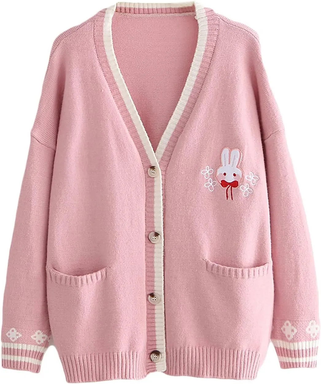 CORIRESHA Cute Rabbit Embroidered Cardigan Sweater Patchwork Button Knit Outwear with Pockets