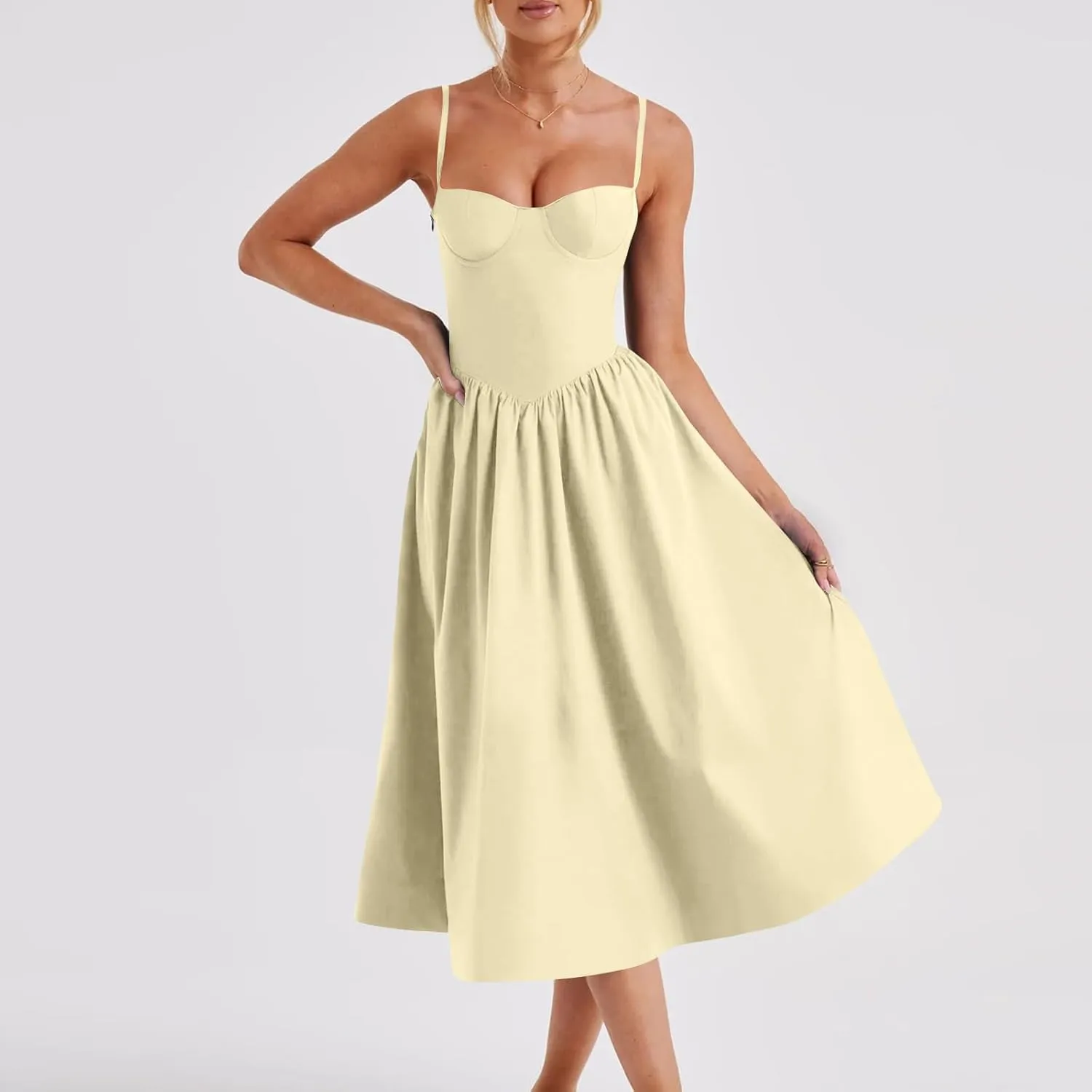 Corset Dress for Women Formal Spaghetti Strap Bustier Midi Dresses Flowy Pleated Hem A-Line Sundress with Pockets
