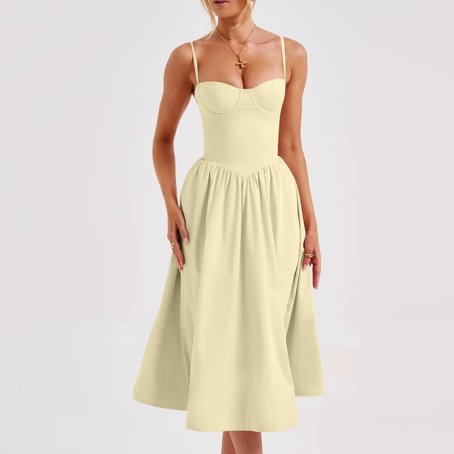 Corset Dress for Women Formal Spaghetti Strap Bustier Midi Dresses Flowy Pleated Hem A-Line Sundress with Pockets