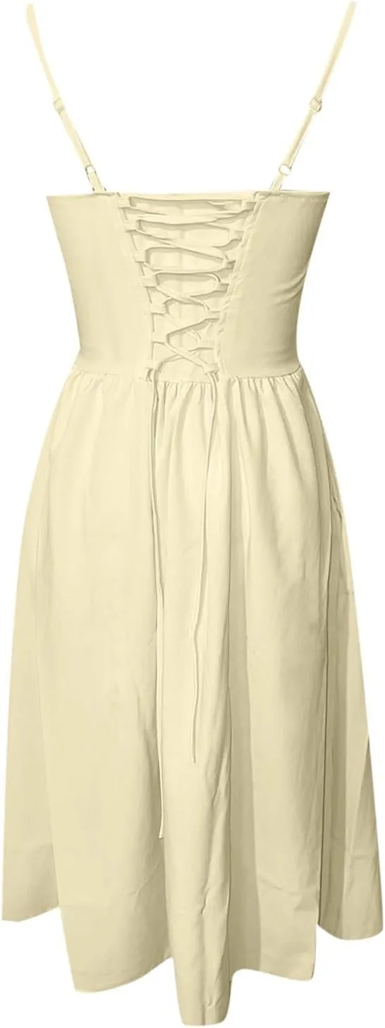 Corset Dress for Women Formal Spaghetti Strap Bustier Midi Dresses Flowy Pleated Hem A-Line Sundress with Pockets