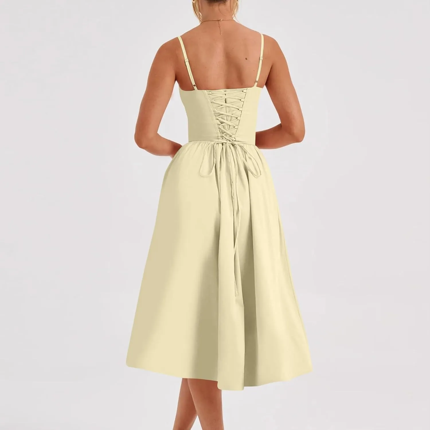 Corset Dress for Women Formal Spaghetti Strap Bustier Midi Dresses Flowy Pleated Hem A-Line Sundress with Pockets