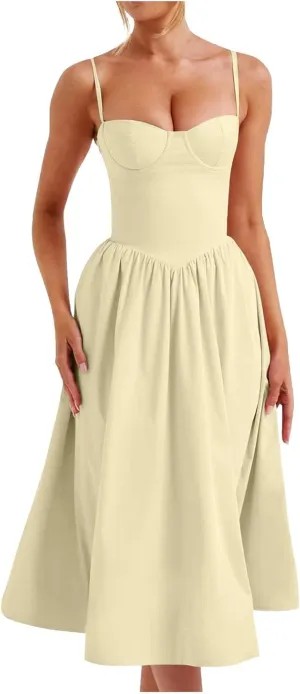 Corset Dress for Women Formal Spaghetti Strap Bustier Midi Dresses Flowy Pleated Hem A-Line Sundress with Pockets
