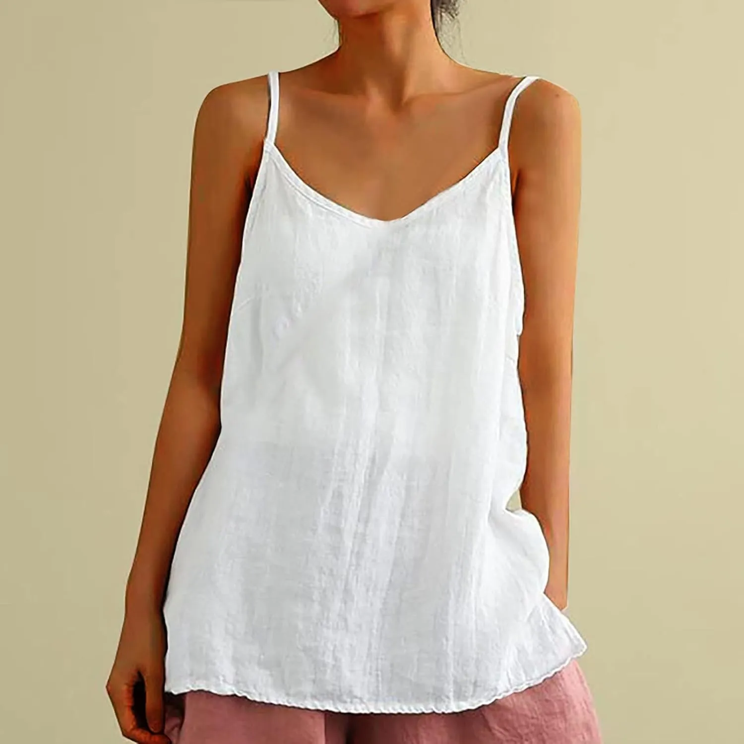 Cotton Linen Camisole Tops for Women Summer Lightweight Spaghetti Strap Tank Top Boat Neck Sleeveless Cami Shirts