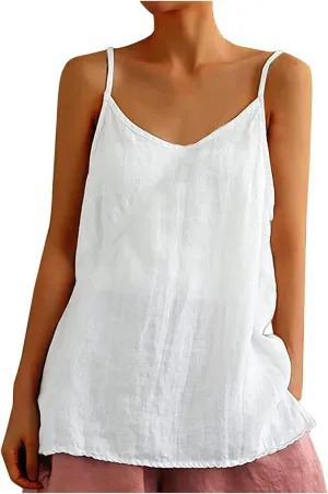 Cotton Linen Camisole Tops for Women Summer Lightweight Spaghetti Strap Tank Top Boat Neck Sleeveless Cami Shirts