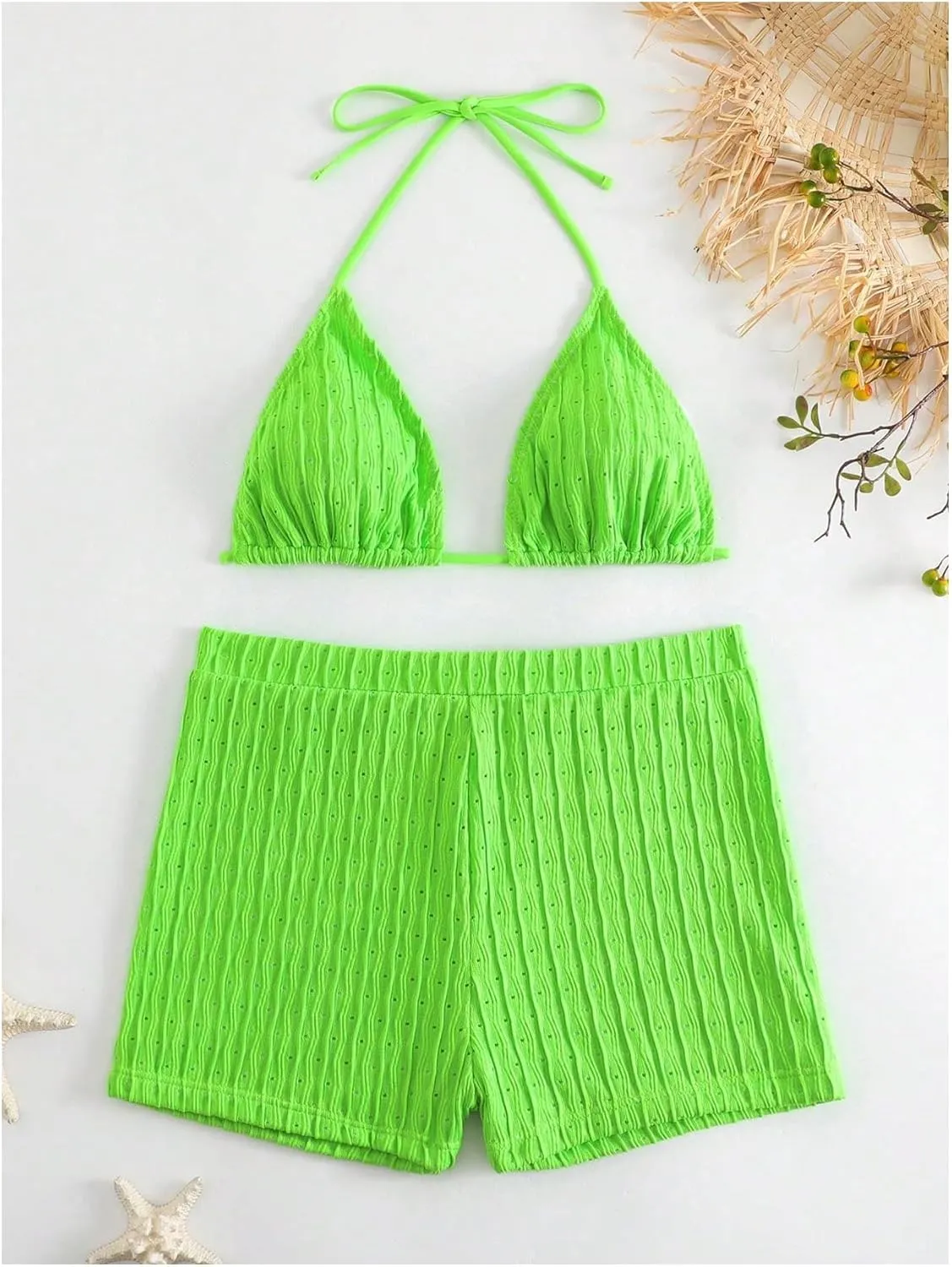 COZYEASE Women's 2 Piece Swimsuits Halter Triangle Top with High Waisted Shorts Bathing Suits Bikini Sets