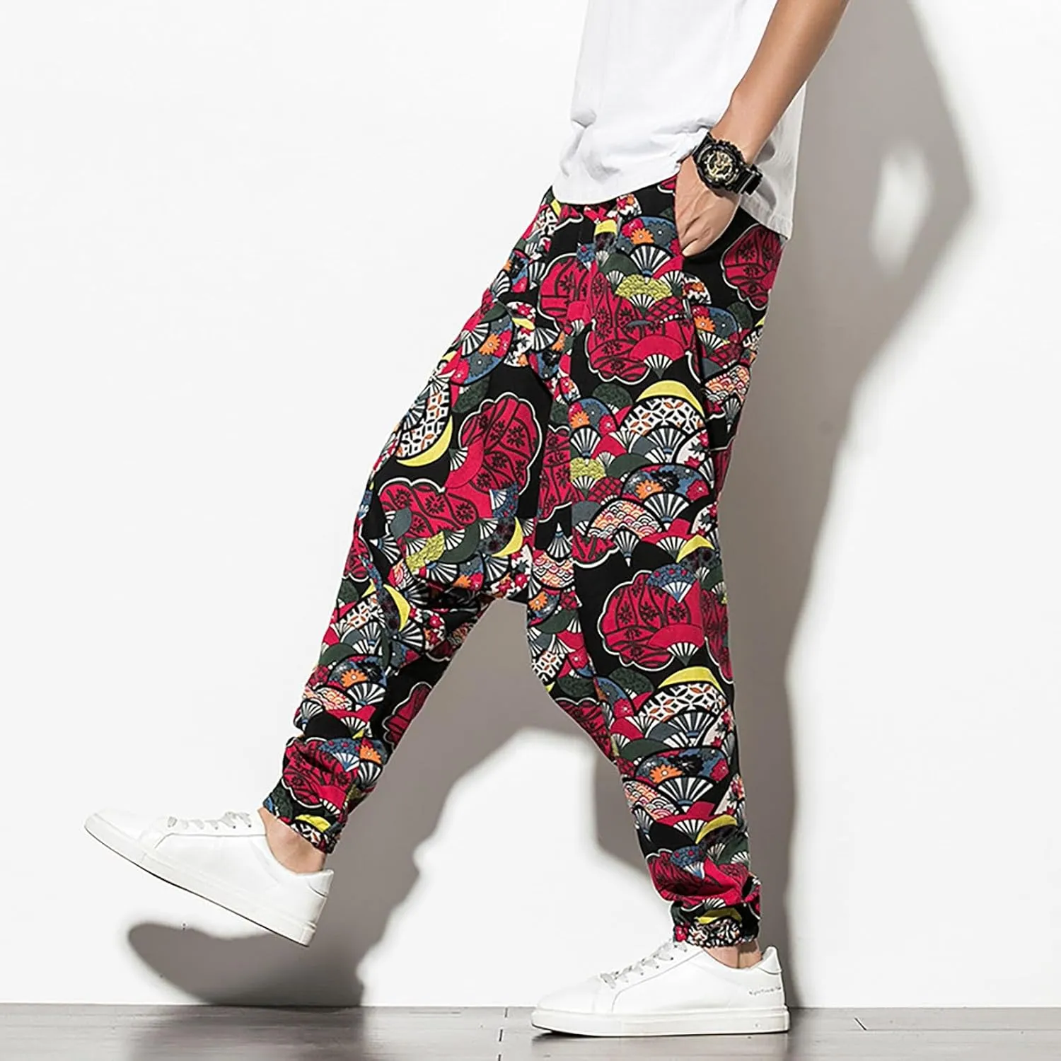 CRNTCEM Mens Printed Harem Pants Baggy Drop Crotch Boho Hippie Pants Straigth Leg Cotton Atheltic Yoga Trousers