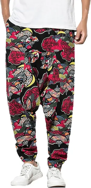 CRNTCEM Mens Printed Harem Pants Baggy Drop Crotch Boho Hippie Pants Straigth Leg Cotton Atheltic Yoga Trousers