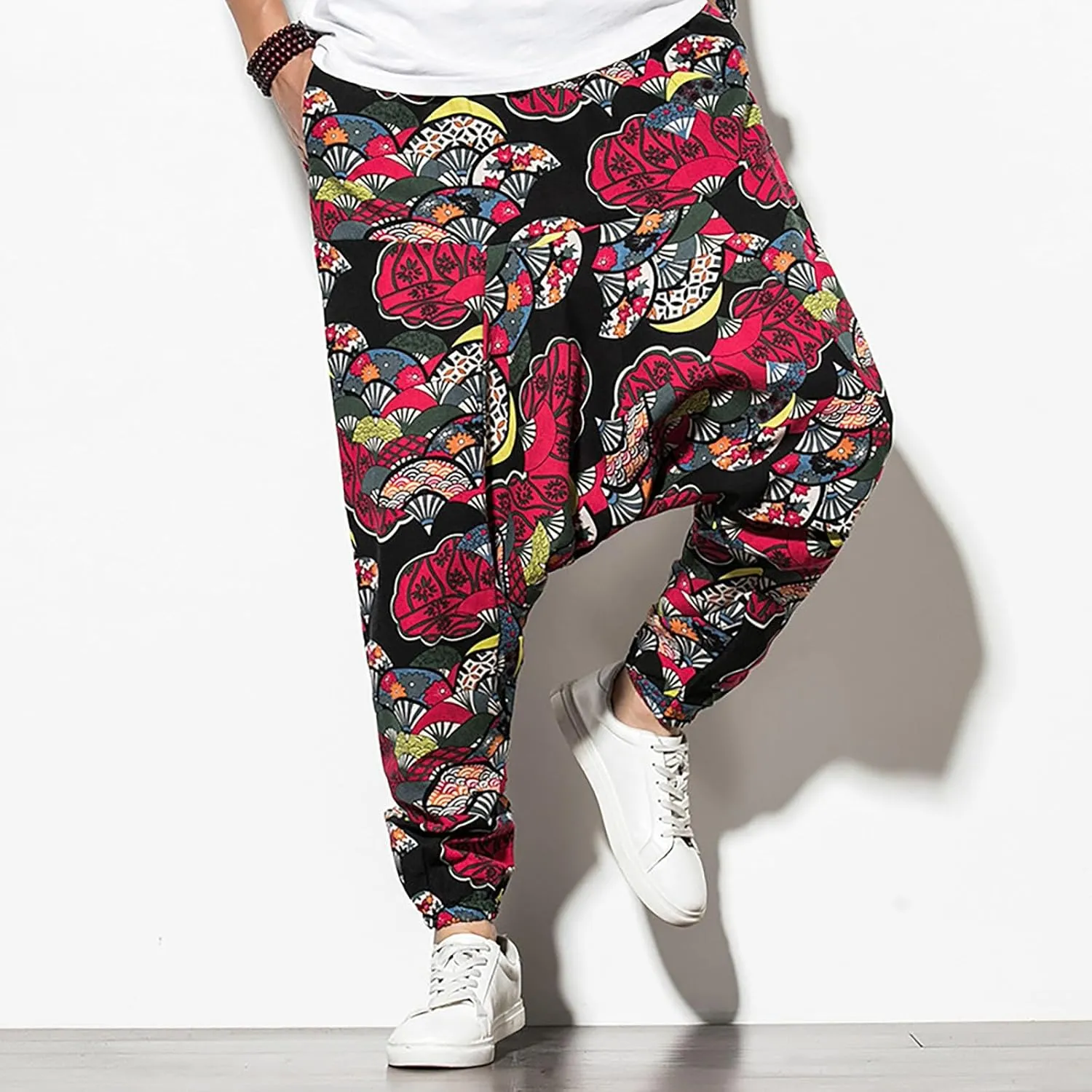 CRNTCEM Mens Printed Harem Pants Baggy Drop Crotch Boho Hippie Pants Straigth Leg Cotton Atheltic Yoga Trousers