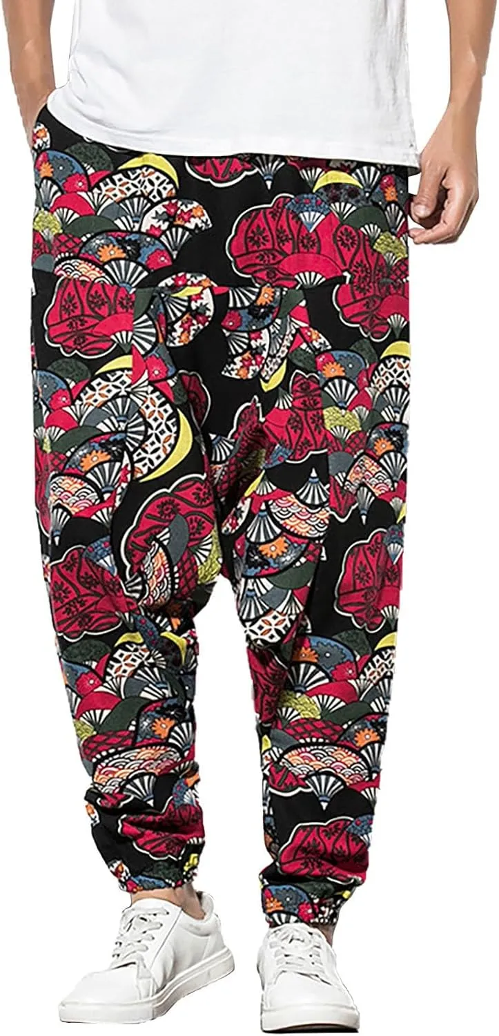 CRNTCEM Mens Printed Harem Pants Baggy Drop Crotch Boho Hippie Pants Straigth Leg Cotton Atheltic Yoga Trousers