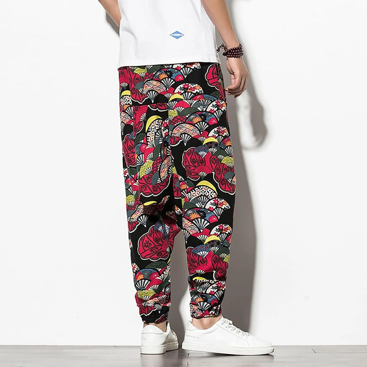 CRNTCEM Mens Printed Harem Pants Baggy Drop Crotch Boho Hippie Pants Straigth Leg Cotton Atheltic Yoga Trousers