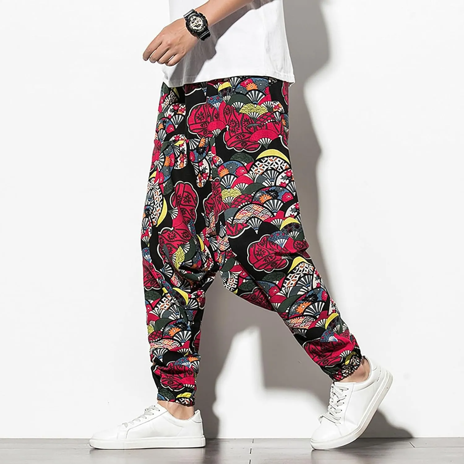 CRNTCEM Mens Printed Harem Pants Baggy Drop Crotch Boho Hippie Pants Straigth Leg Cotton Atheltic Yoga Trousers