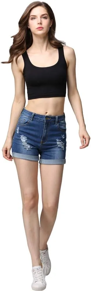 CUNLIN High Waist Frayed Raw/Folded Hem Denim Shorts for Women Ripped high Waisted Tassel Fringe Jeans Shorts