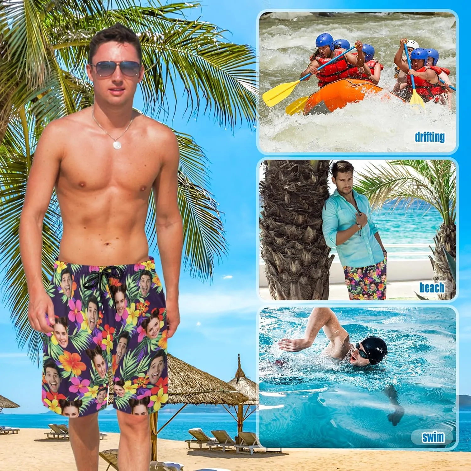 Custom Face Swim Trunks for Mens, Personalized Funny Beach Shorts with Faces Photo, Customized Swim Shorts Gift for Birthday