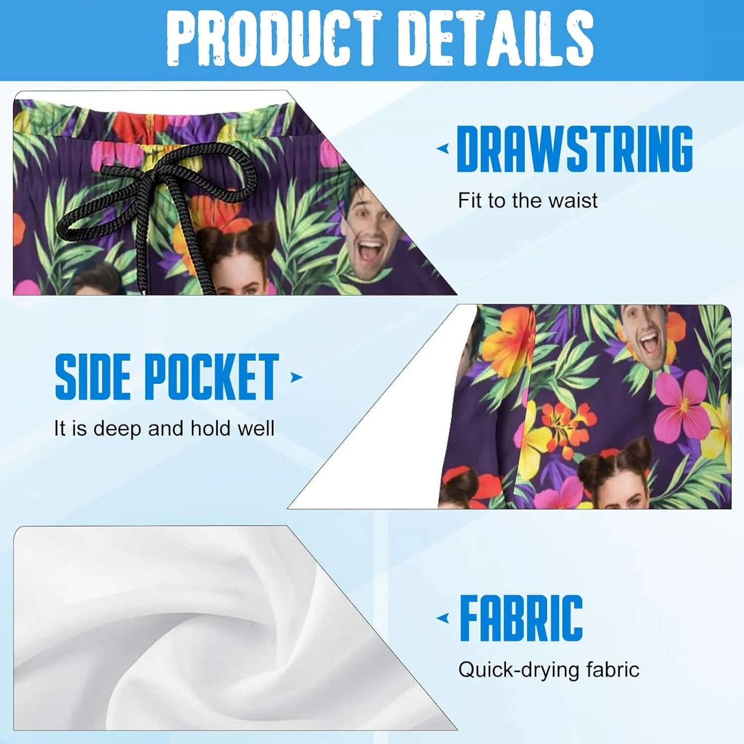 Custom Face Swim Trunks for Mens, Personalized Funny Beach Shorts with Faces Photo, Customized Swim Shorts Gift for Birthday